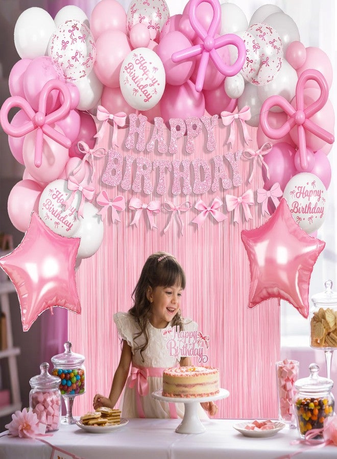 Froova Pink Bow Birthday Decorations, Coquette Party Decoration for Girls Women Pastel Light Pink White Bow Latex Balloons Happy Birthday Banner Cake Topper for Baby Shower Bachelorette Party Decor Supplies - Image 2